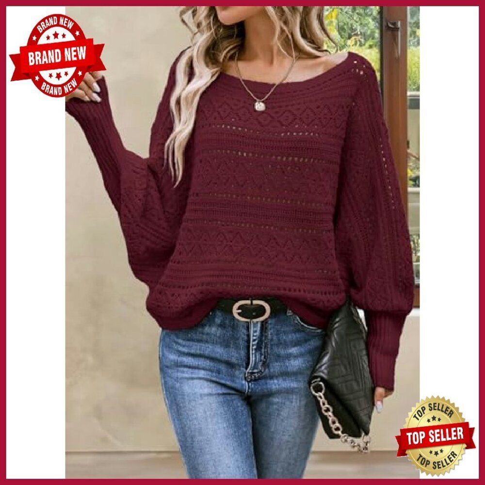 Oversized Crochet Sweater Off Shoulder Dolman Sleeve Lightweight Pullover - Picture 7 of 8